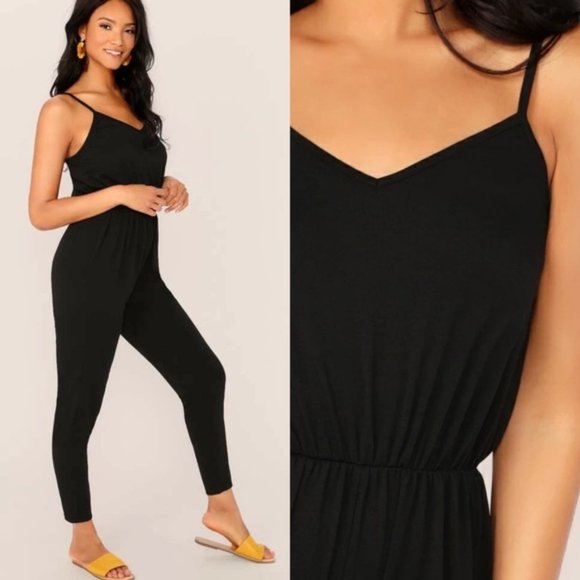 Black jumpsuit casual tank cami romper spaghetti - Picture 2 of 2